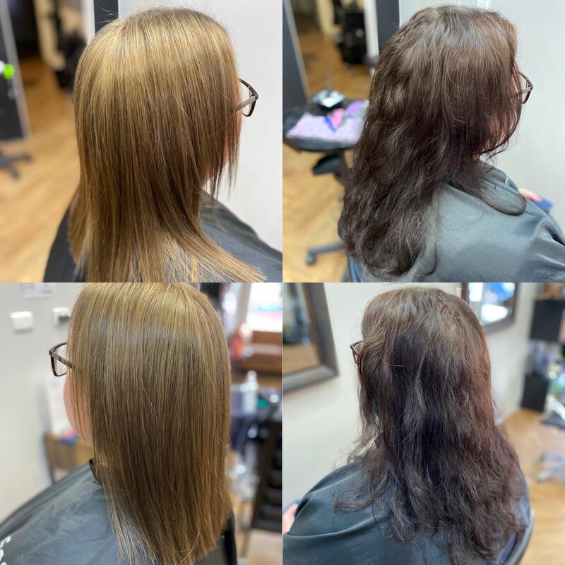 Before and after cut and colour on blonde and brunette hair